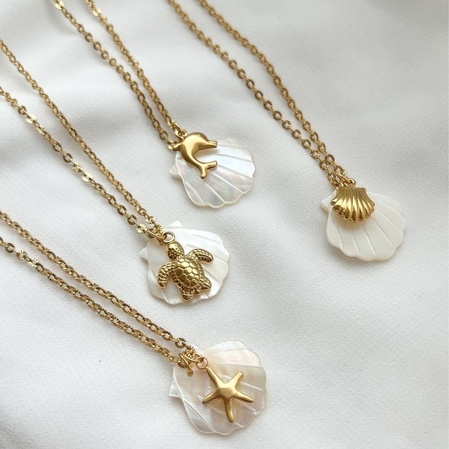 18K Gold Plated Stainless Steel Starfish Conch Shell Charm Bar Necklace Cable Chain Unisex Summer Beach Jewelry