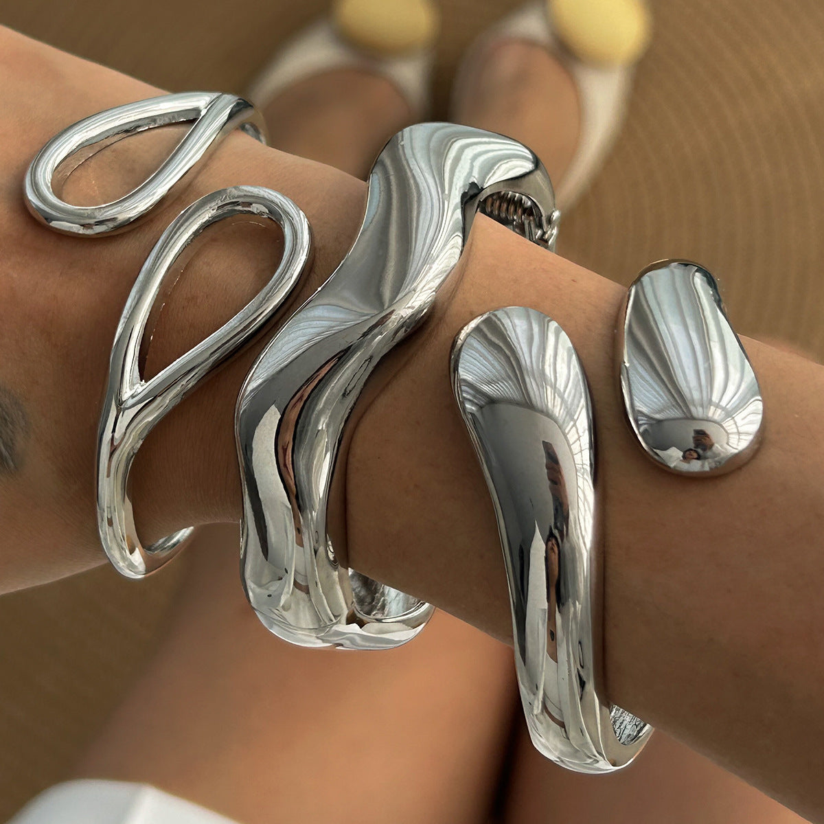 Irregular Geometric Plated Zinc Alloy Open Cuff Bracelet Set