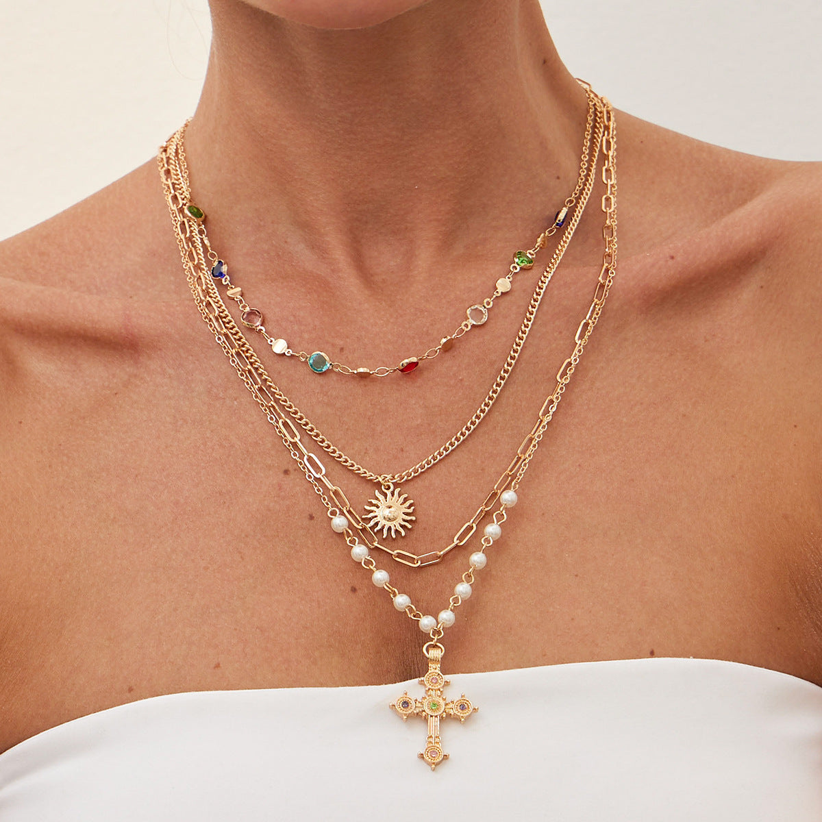 Collana a Y da donna con pendente a croce vintage in stile francese con perle di strass colorate, finitura placcata in lega di zinco, design geometrico