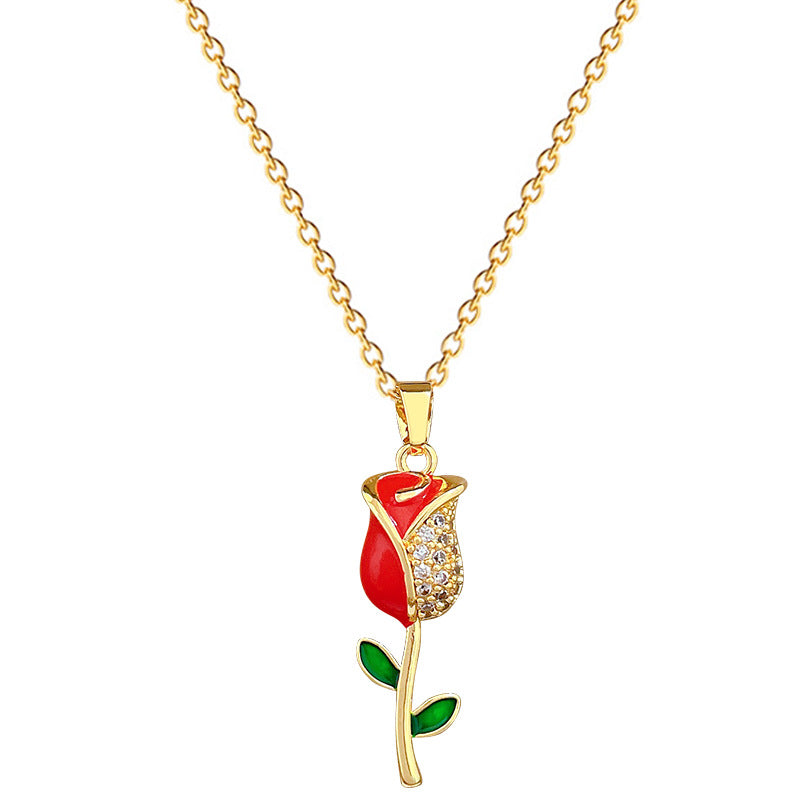 Sweet Geometric Moon Drip Oil Rhinestone Pendant Necklace Titanium Steel Cable Chain for Unisex
