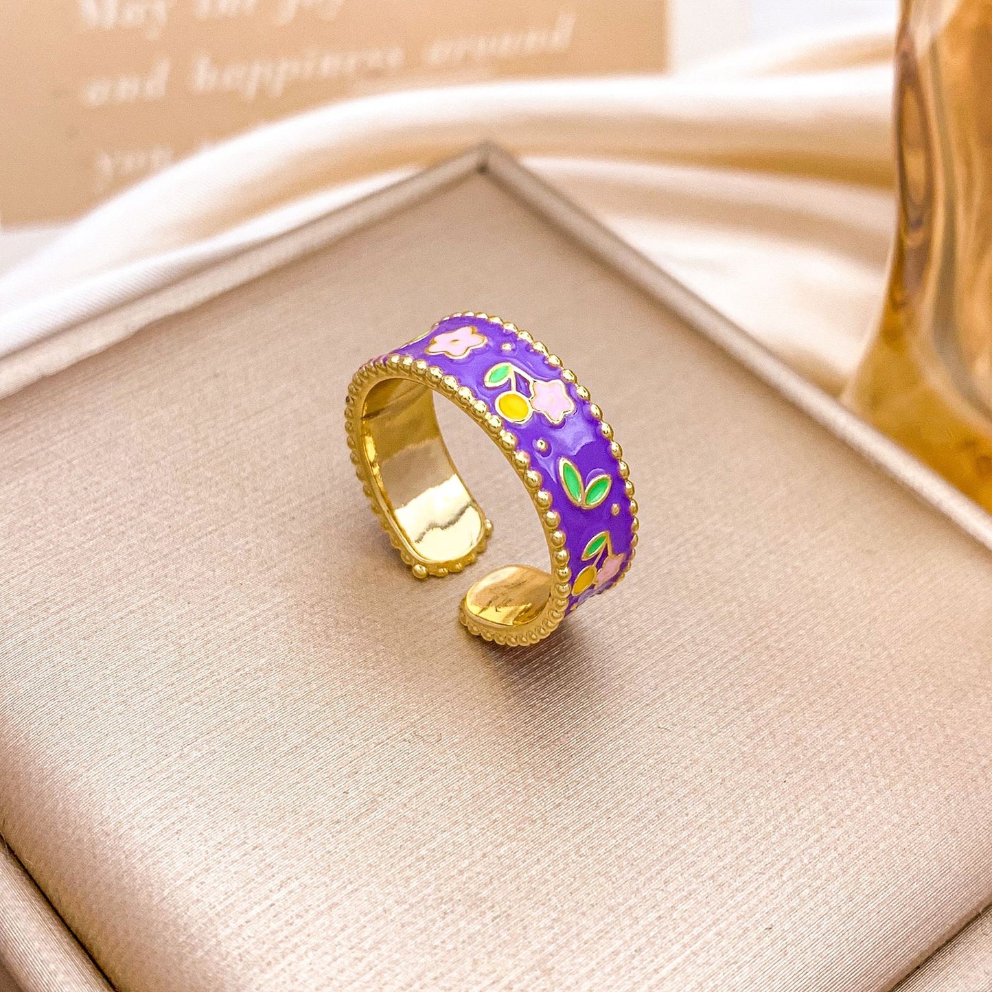 Vintage Elegant Floral Enamel Plated Alloy Ring for Women
