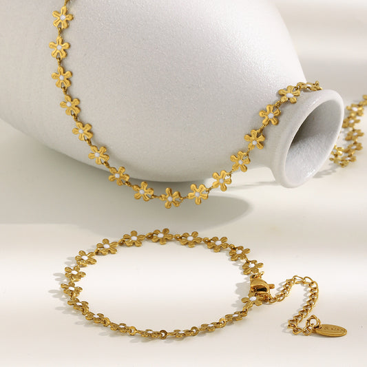 Bohemian Style Floral Pendant Necklace in Stainless Steel with 18K Gold Plating and White Enamel Detail for Women