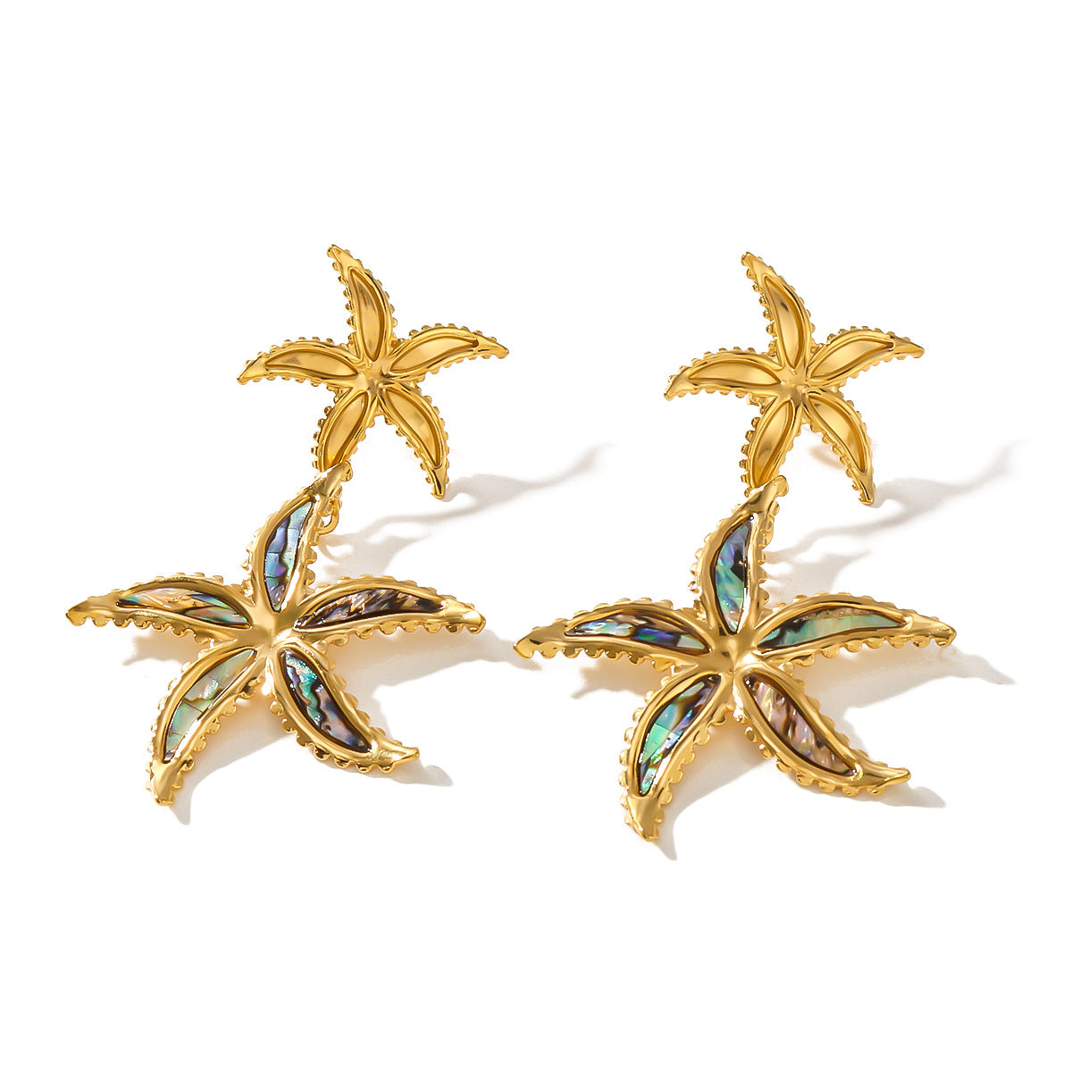 Orecchini da donna in acciaio inossidabile placcato oro 18 carati a forma geometrica di doppia stella esagerata tema oceano