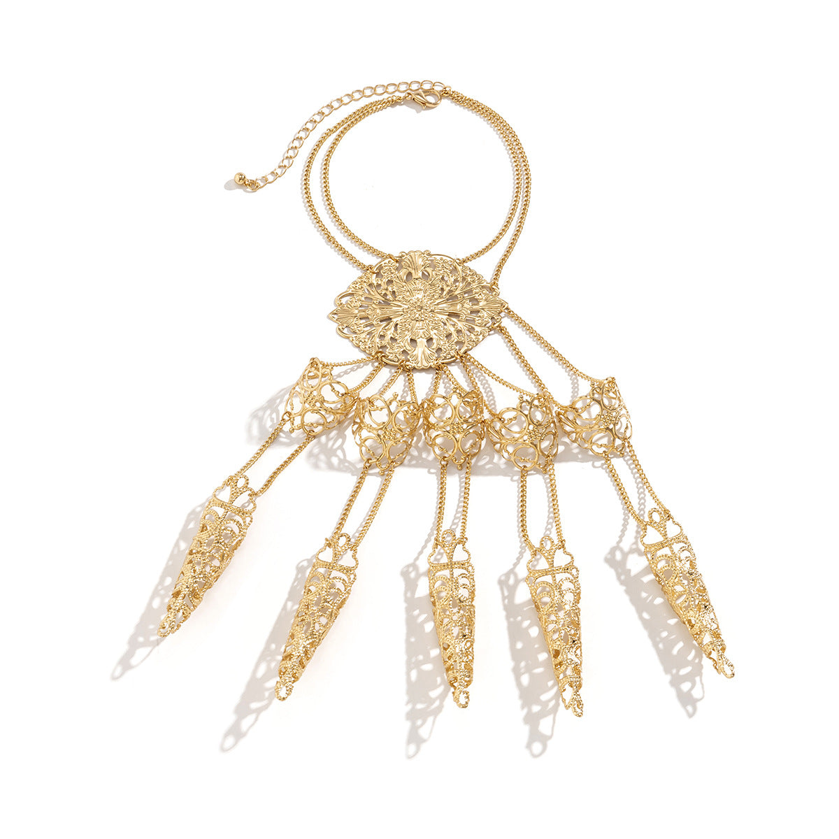 Gothic Style Geometric Pendant Finger Bracelet with Tassel and Chain Detail for Women
