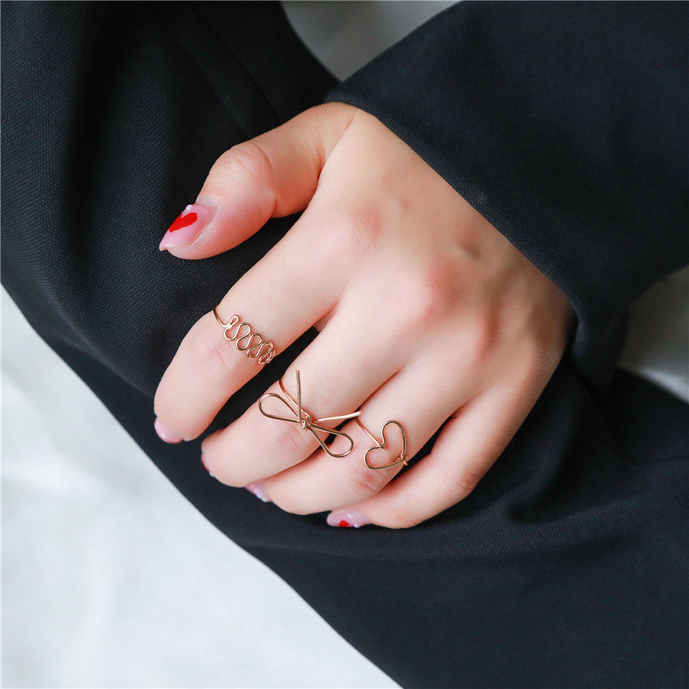 Minimalist Sweet Heart Knot Geometric Plated Alloy Ring Set for Women