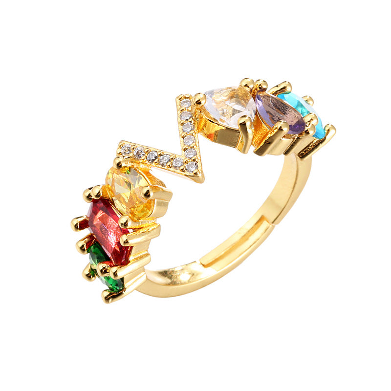 Hand-Set Cubic Zirconia Letter Open Ring Gold Plated Brass Adjustable Women