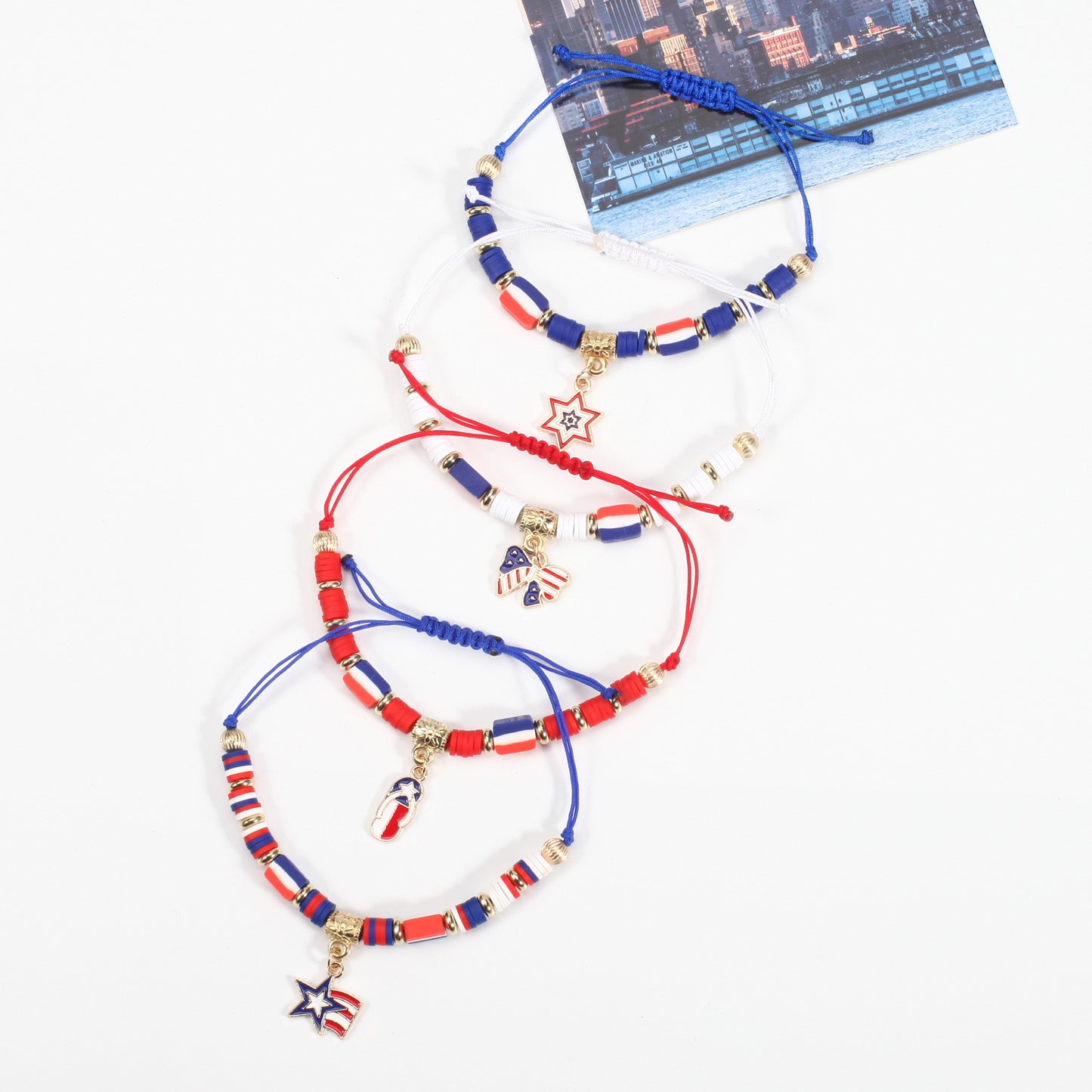 Patriotic American Flag Woven Adjustable Bracelet with Heart Star Butterfly Round Crystal Charms Red White Blue Unisex Jewelry