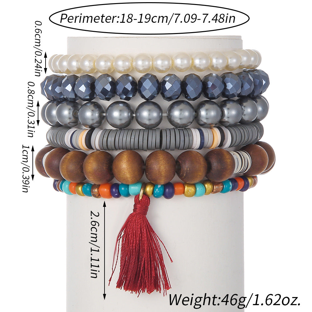Bohemian Geometric Round Alloy Glass Wood Pearl Resin Bracelet Set