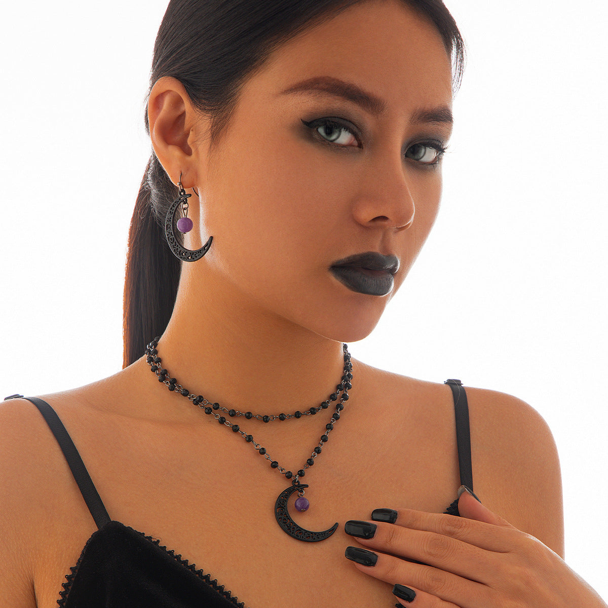 Gothic Moon Alloy Plated Necklace Set with Lace Tassel Choker for Women