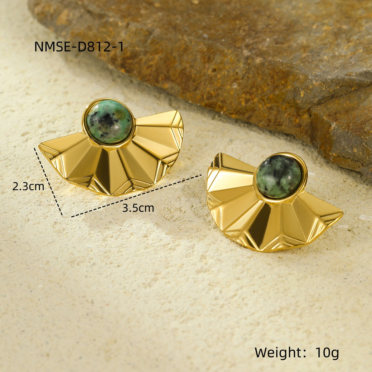 Pendientes de tuerca de acero inoxidable semircirculares con forma de abanico, minimalistas de lujo, con incrustaciones de piedra natural y acabado chapado