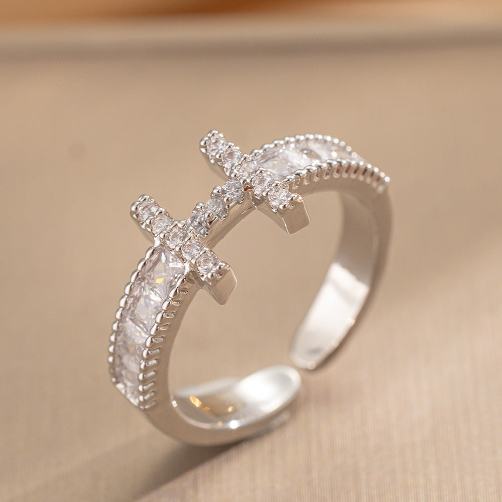 Luxury Minimalist Adjustable Open Ring for Women with Gold-Plated Copper Band and Zircon Stone Accent in Heart and Floral Shape