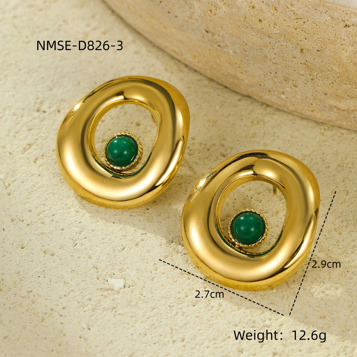 Pendientes de mujer de estilo francés vintage con forma geométrica irregular redonda calada en acero de titanio con incrustaciones de piedra natural y acabado chapado