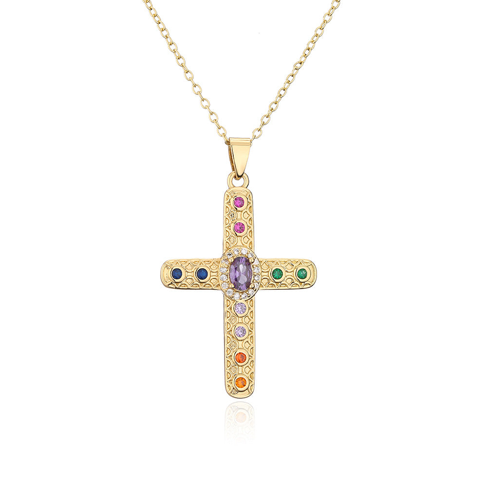 Collana con Pendente a Croce Geometrica Minimalista in Rame con Placcatura in Oro 18K e Intarsi in Zircone