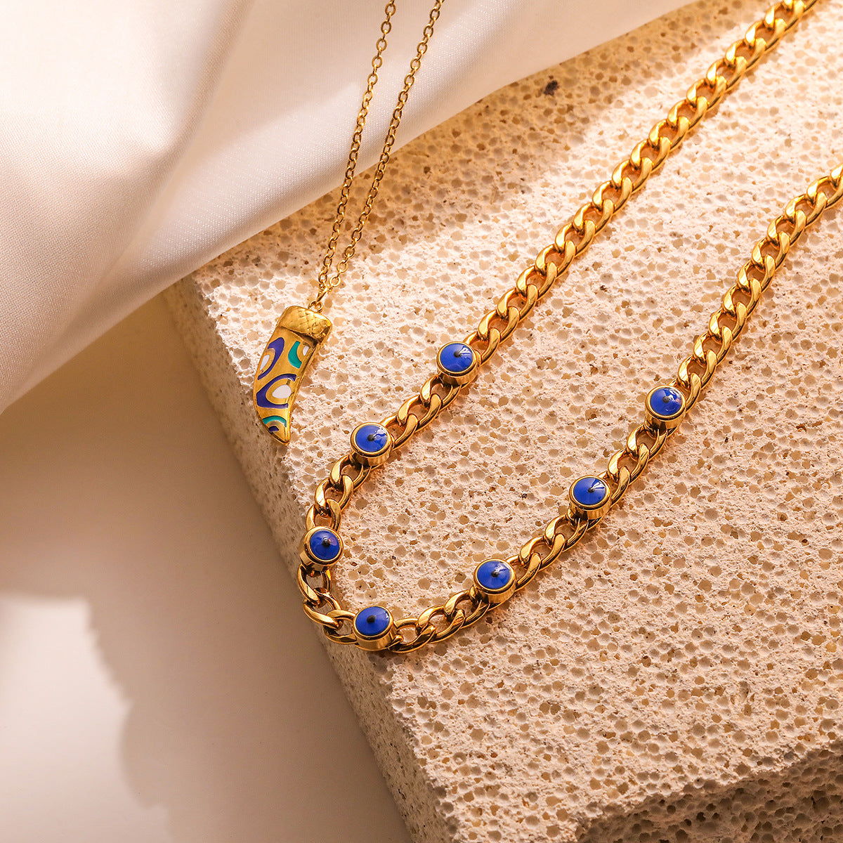 Minimalist Geometric Titanium Steel Necklace for Women with 18K Gold Plating and Enamel Eye Pendant