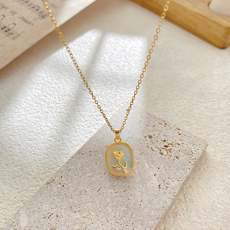 Minimalist Gold Plated Drip Oil Floral Rose Pendant Titanium Steel Necklace for Unisex