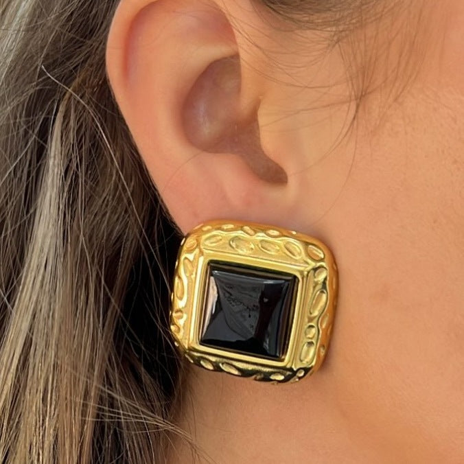 Elegant Geometric Square Agate Inlay Stainless Steel Stud Earrings for Women