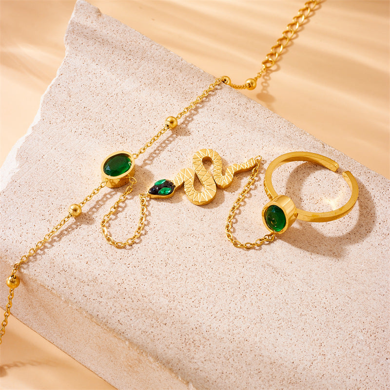 Set Anello Aperto e Bracciale in Acciaio Inossidabile Placcato Oro Stile OL alla Moda con Dettagli a Catena Snake