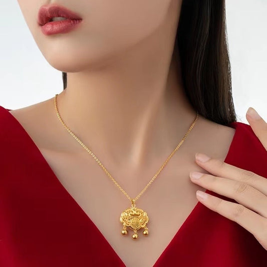 Original Design Irregular Shape Brass-Plated Titanium Steel Pendant Necklace with Feng Character Bell and Peace Lock for Men