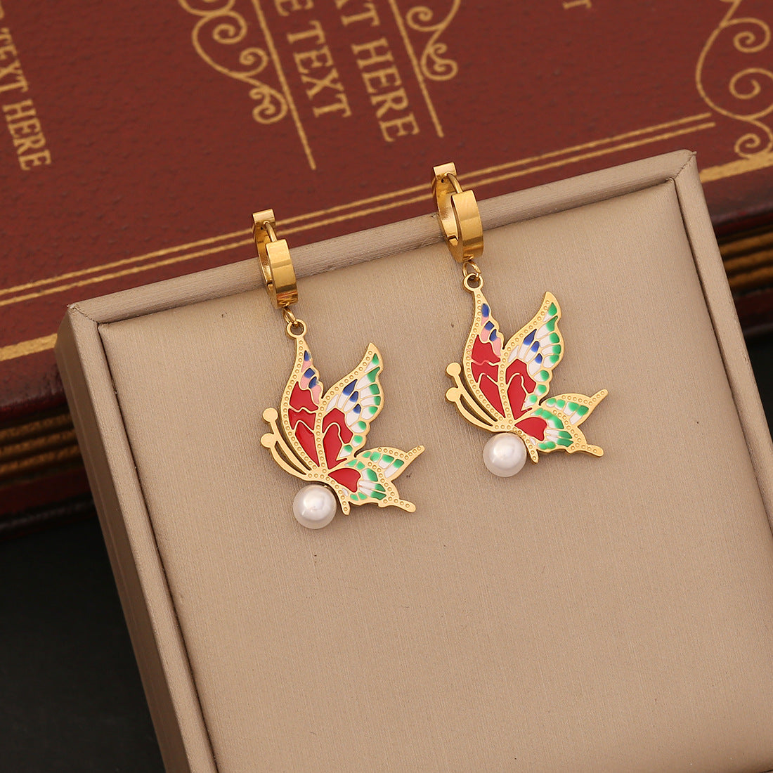 Vintage Enamel Butterfly Necklace Set in Stainless Steel with Snake Chain for Women