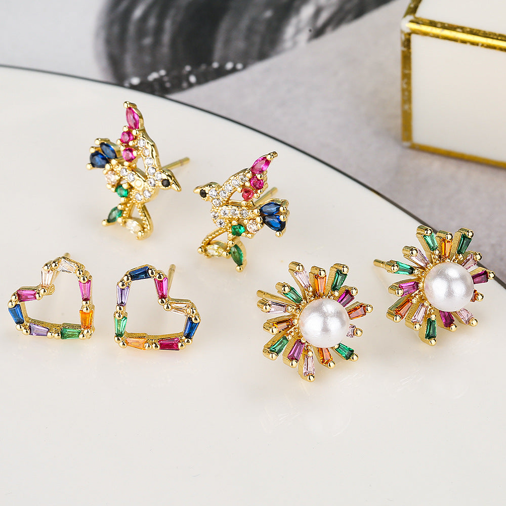 Minimalist Geometric Bird Floral Heart Earrings for Women in Copper with Real Gold Plating and Zircon Inlay