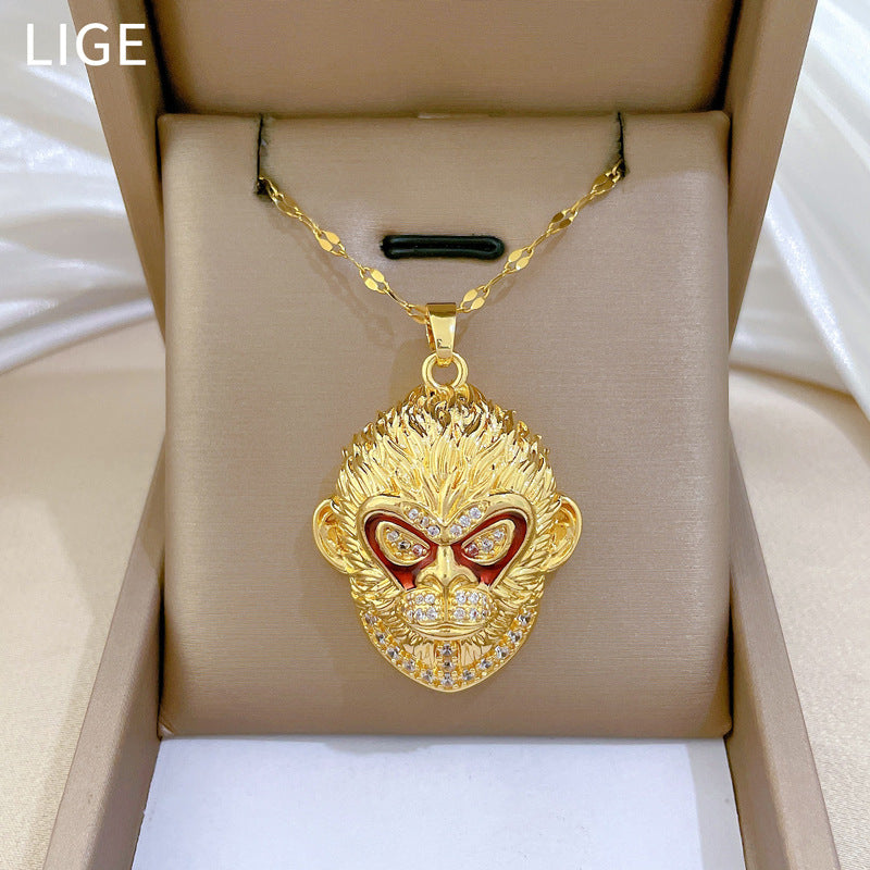 Cartoon Style Moon-Shaped Geometric Pendant Necklace for Women and Men in Titanium Steel with Rhinestone Inlay and Delicate Clavicle Chain
