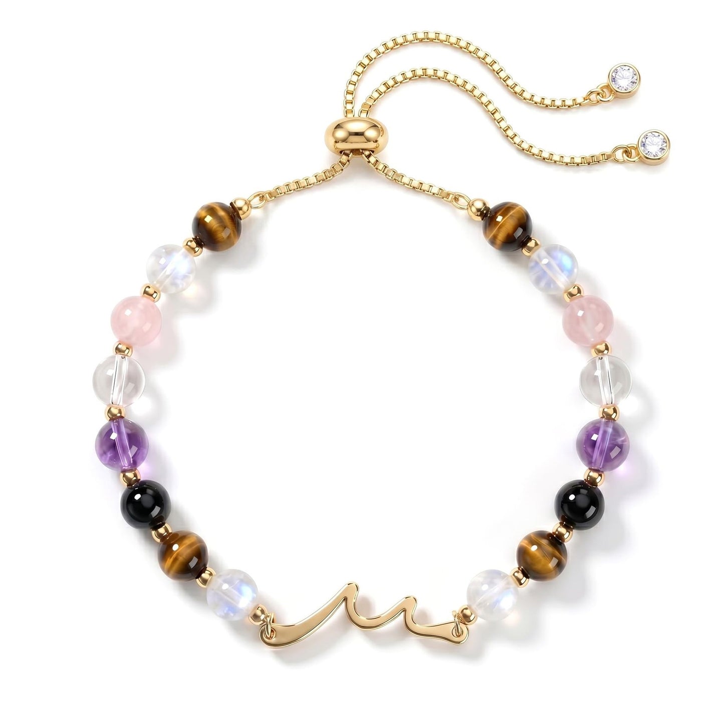 Minimalist Natural Stone Obsidian Tiger Eye Rose Quartz Beaded Bracelet with Wave Charm Bar Adjustable Unisex Jewelry