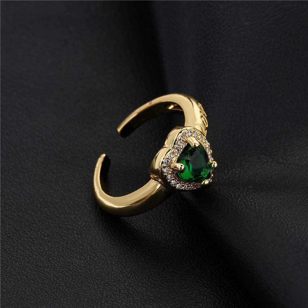 Gold Plated Brass Micro-Inlaid Cubic Zirconia Heart Geometric Ring for Women