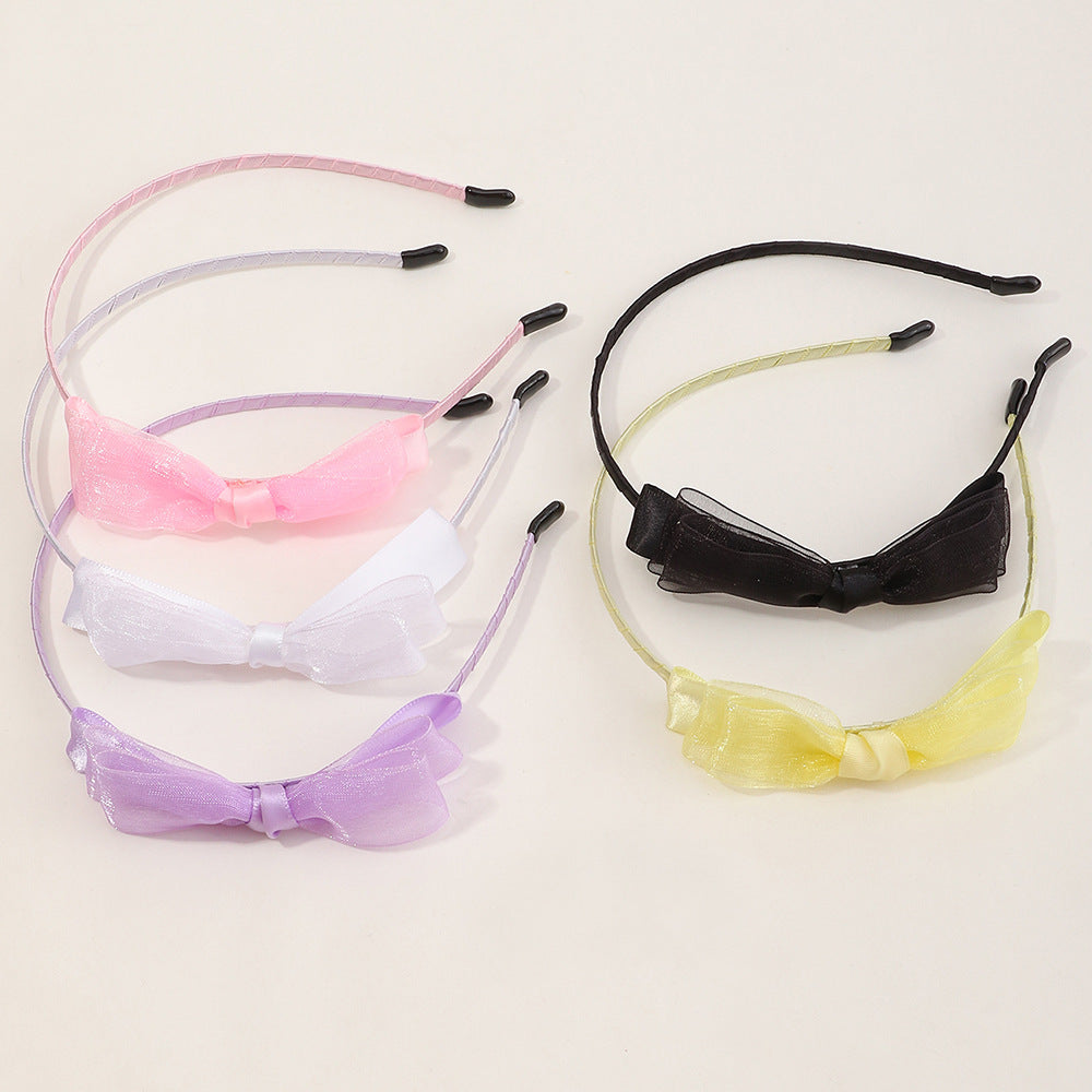 Cute Children's Hairband Set with Bow Design in Solid Color Mesh Fabric for Girls, Princess Style Headband Collection