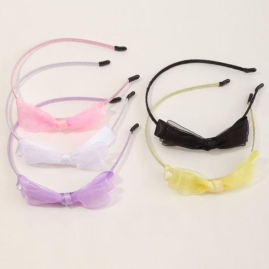 Cute Children's Hairband Set with Bow Design in Solid Color Mesh Fabric for Girls, Princess Style Headband Collection