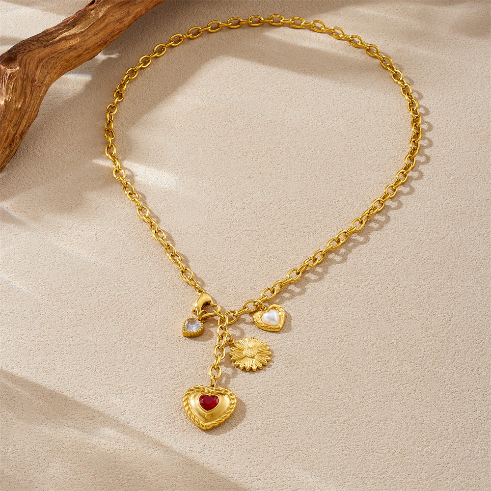 Vintage Gold Plated Stainless Steel Heart Sunflower Rhinestone Pendant Necklace with Tassel