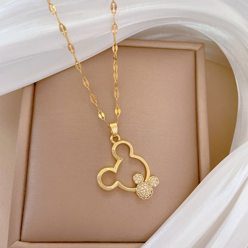 Collana con ciondolo di lusso Sweet Geometric Mickey per unisex, catena in acciaio al titanio con intarsio di strass
