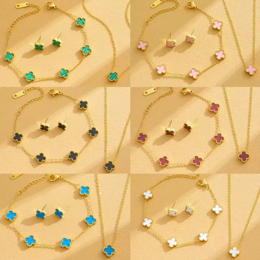 Elegant 18K Gold Plated Titanium Steel Floral Pendant Jewelry Set with Cable Chain