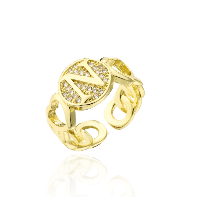18K Gold Plated Brass Micro-Paved Cubic Zirconia Heart Letter Cuban Link Chain Open Ring for Women