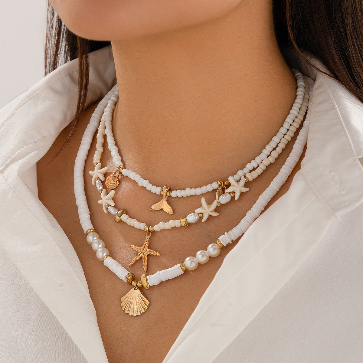 Bohemian Teardrop Alloy Plated Necklace with Turquoise and Shell Elements Multi-layer Ball Chain for Women