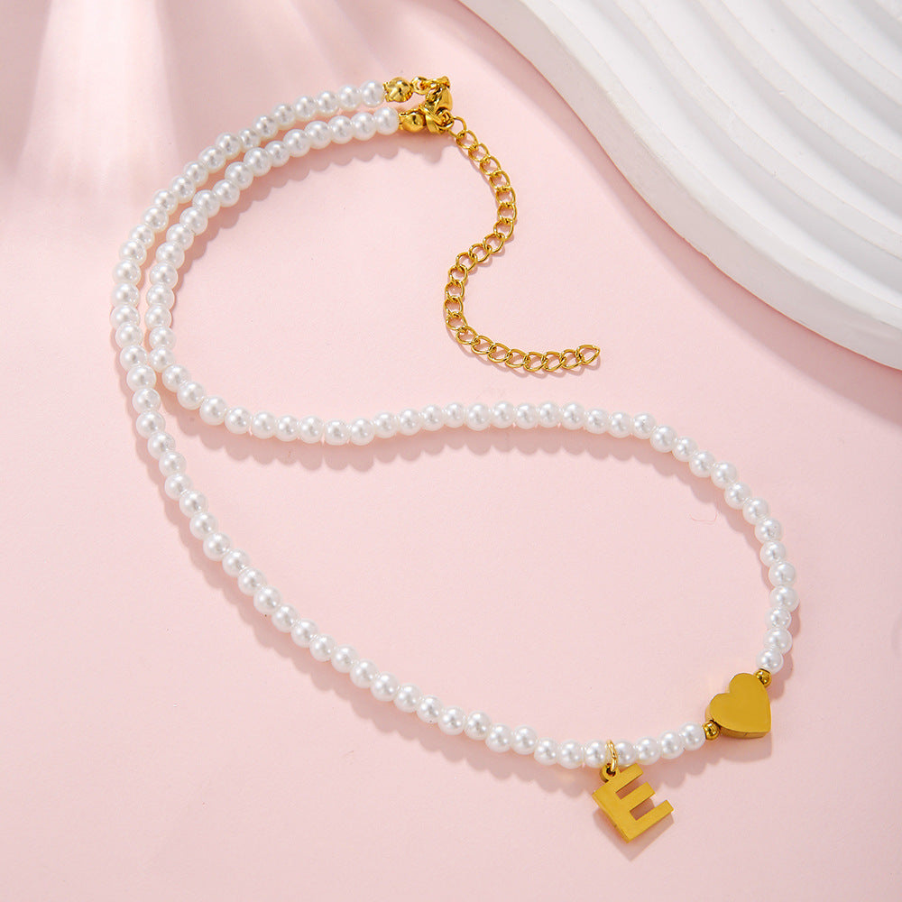 Minimalist Letter Heart Stainless Steel Pearl Necklace Women Cable Chain