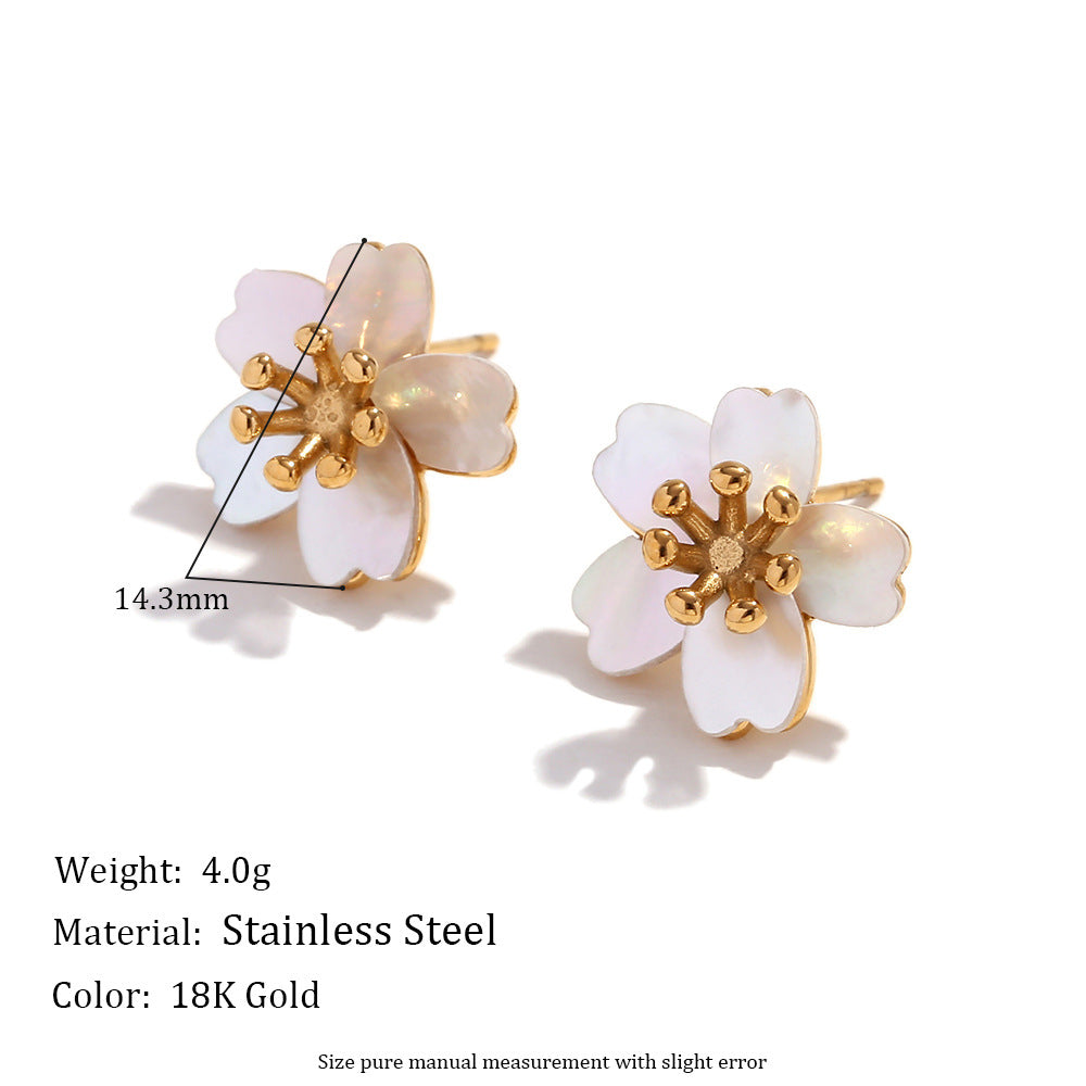 Vintage-Inspired Floral Cherry Blossom Ear Studs for Women Made of Stainless Steel with 18K Gold Plating and Natural Mother-of-Pearl Inlay