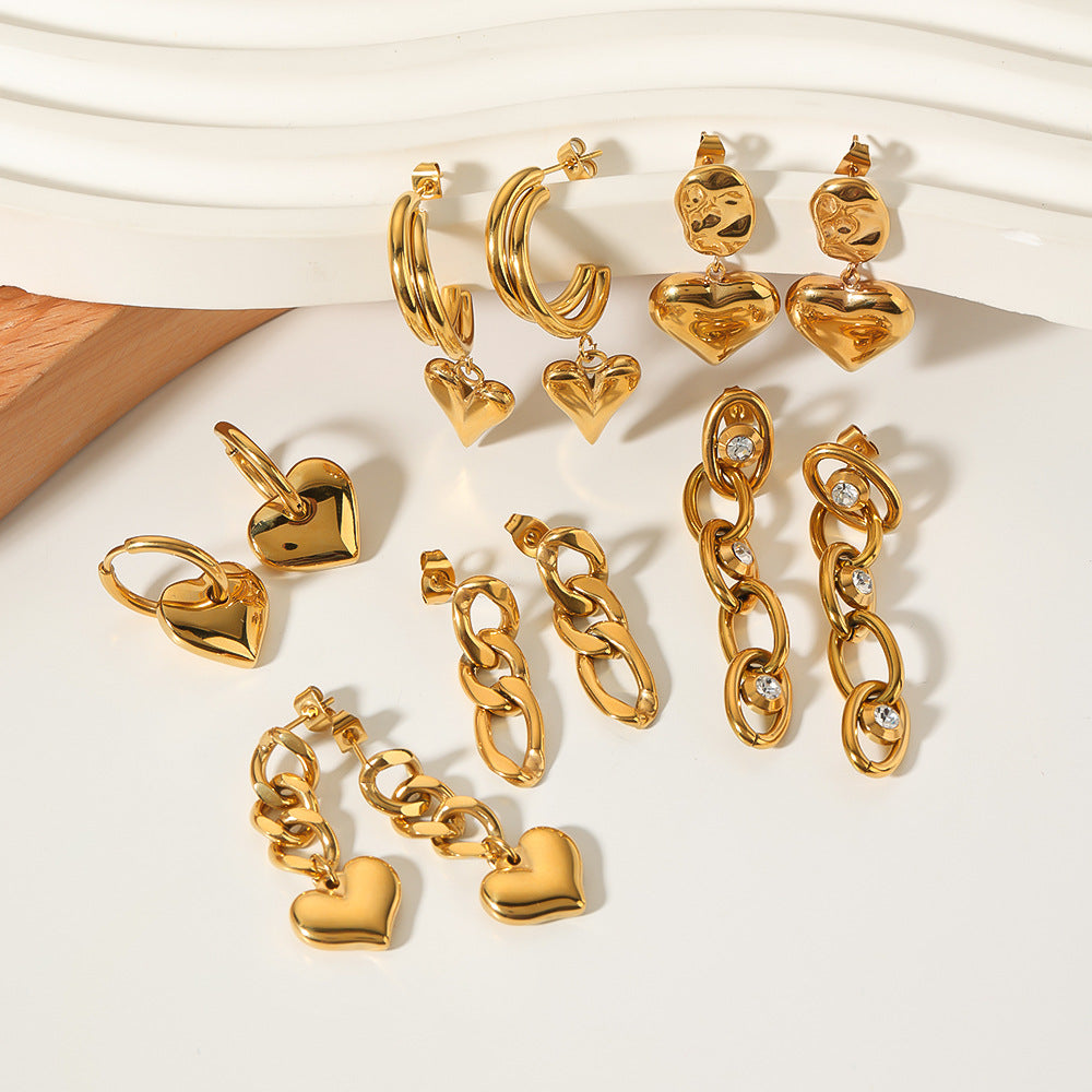 Ins Style Heart Shaped 18K Gold Plated Titanium Steel Statement Earrings with Geometric and Irregular Circle Design