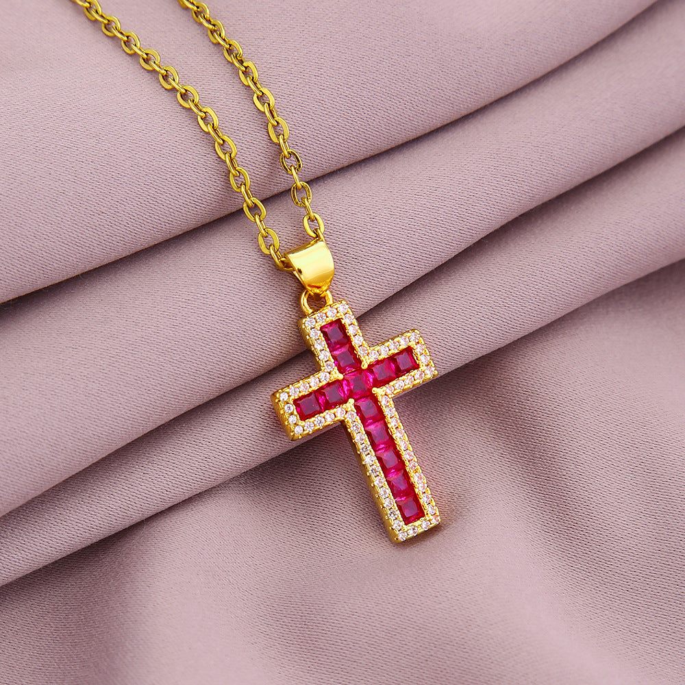 Collana pendente a croce minimalista da donna in rame con placcatura in oro e cristalli di zircone colorati su catena piatta a croce