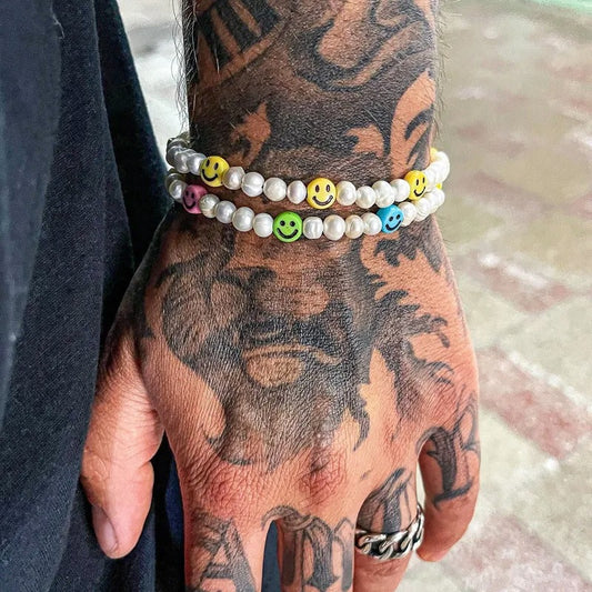 Hip-hop Geometric Resin Imitation Pearl Smile Face Bracelet for Unisex