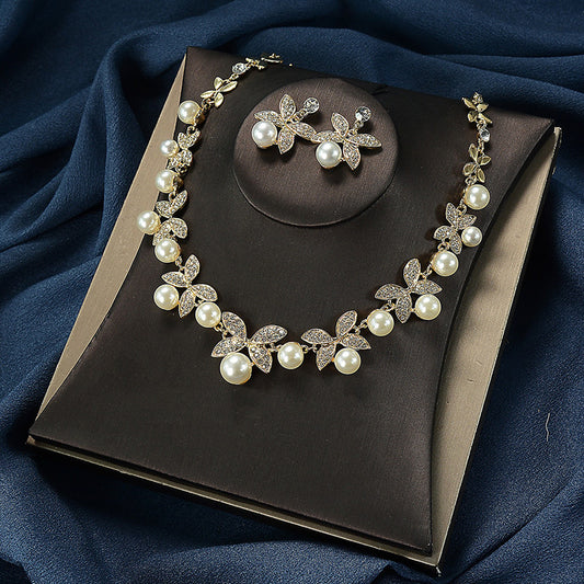 Luxury Floral Pearl Crystal Alloy Plated Curb Chain Necklace and Earring Set for Women