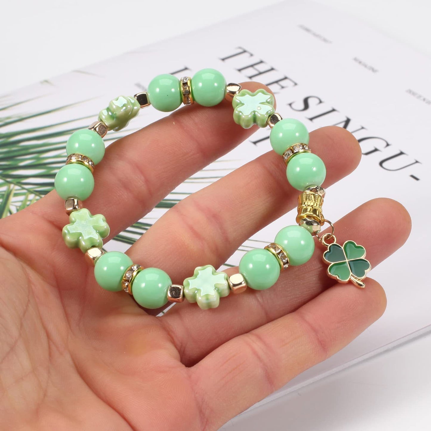 Elegant Four Leaf Clover Plant Floral Beaded Stretch Bracelet Unisex St. Patrick's Day Jewelry