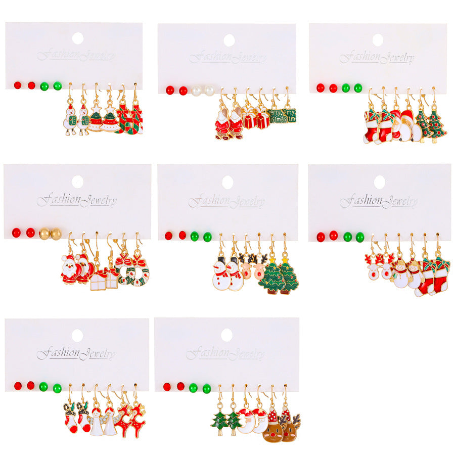 Juego de pendientes de aleación con temática navideña para mujer con dijes esmaltados de ciervo y Papá Noel, diseño geométrico, acabado chapado