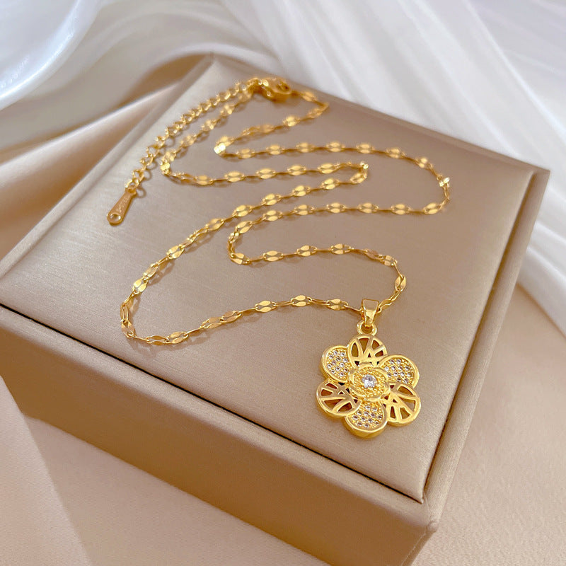 Collana con pendente a fiore girevole di lusso da donna in acciaio inossidabile, catena a medaglione geometrica per banchetti nuziali ed eleganza quotidiana