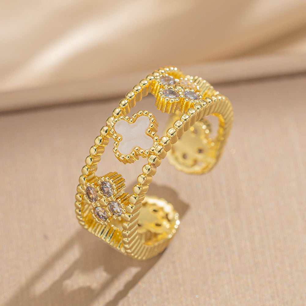 Luxury Minimalist Adjustable Open Ring for Women with Gold-Plated Copper Band and Zircon Stone Accent in Heart and Floral Shape
