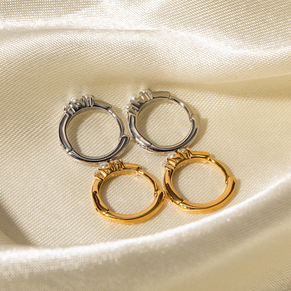 Geometric Circular Pearl Hoop Earrings for Women Stainless Steel Plated Trendy Jewelry