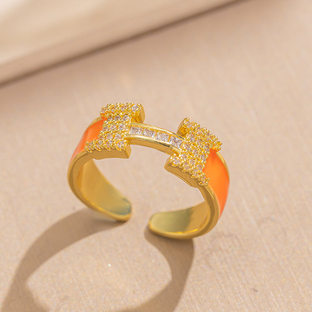 Luxury Minimalist Adjustable Open Ring for Women with Gold-Plated Copper Band and Zircon Stone Accent in Heart and Floral Shape