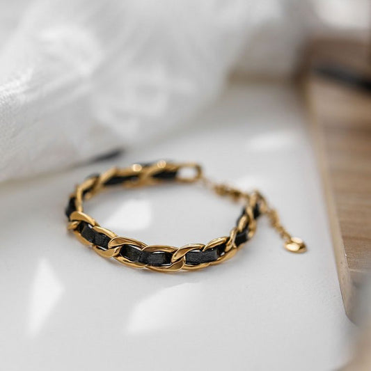 Geometric Leather-Wrapped Titanium Steel Bracelet for Women and Men with Vacuum Plating Finish Minimalist Fashion Accessory