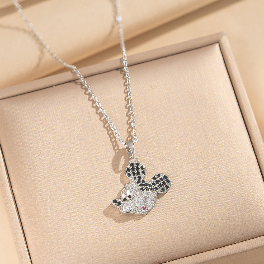 Collana con pendente di Topolino floreale di lusso da donna in acciaio al titanio con intarsio di strass e placcatura in oro su catena a serpente