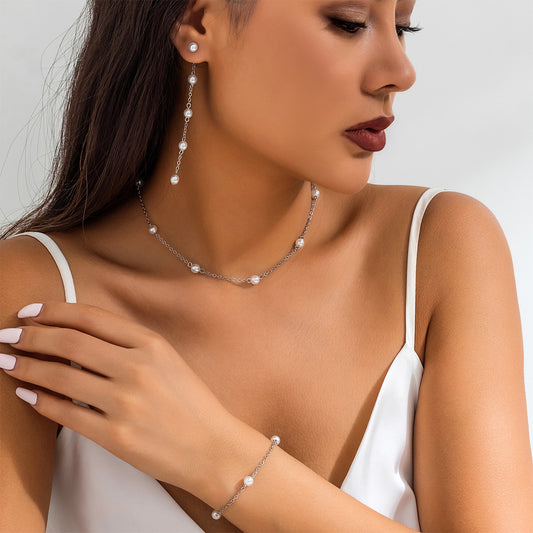Vintage Minimalist Geometric Alloy Pearl Plated Ball Chain Necklace for Women