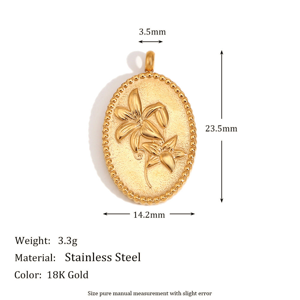 Geometric Sunflower Heart Pendant in Stainless Steel with 18K Gold Plating, Vintage-Inspired Rose and Daisy Accents for Women